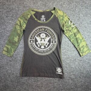 American Fighter T-Shirt Womens S Black Green Camo Raglan 3/4 Sleeve Buckle READ